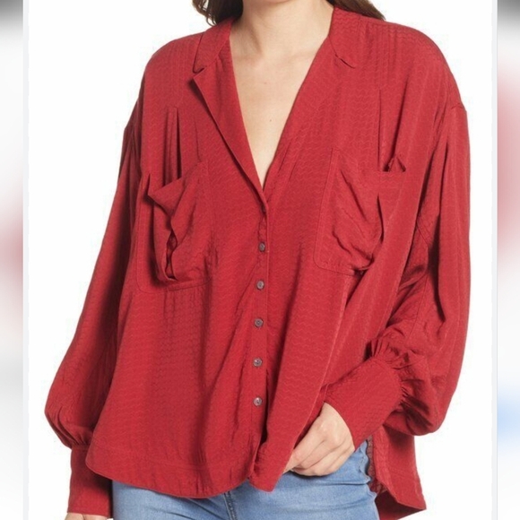 Free People Tops - FREE PEOPLE Oversized Women's Red Button-Up Blouse,sz S But Fits a M/L.